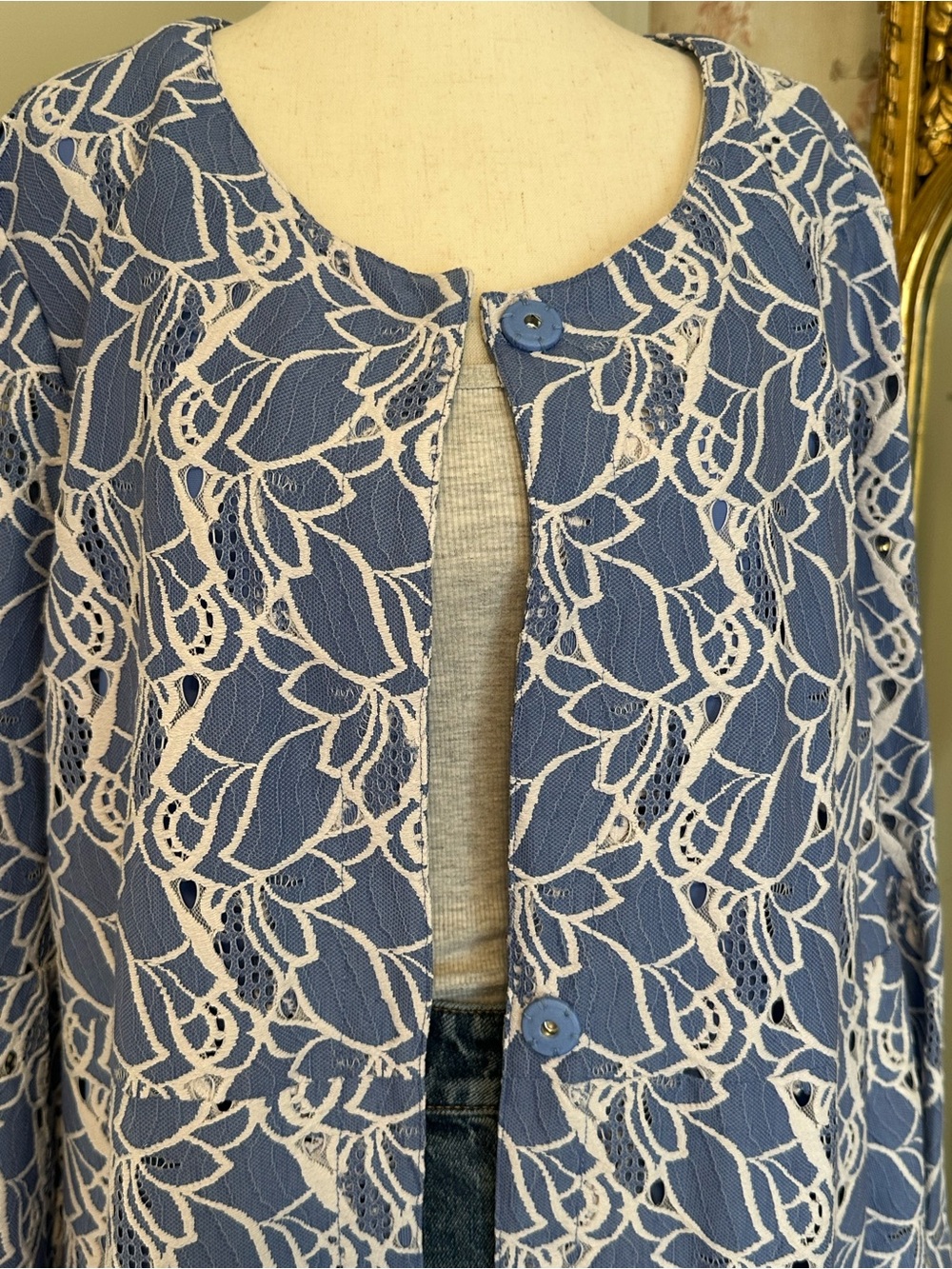 NWT Luii Blue Floral Lace Bell Sleeve L Jacket Large Wedding Timeless Chic - Picture 7 of 14
